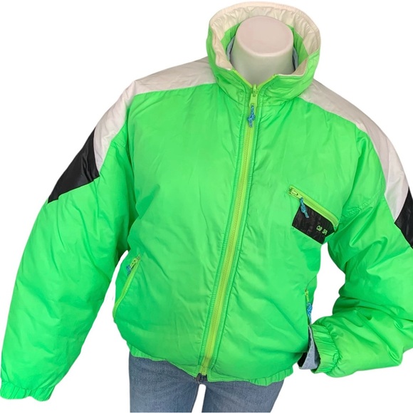 v i n t a g e :: Vibrant Neon Green Quilted Puffer Ski Winter Jacket - Picture 15 of 16